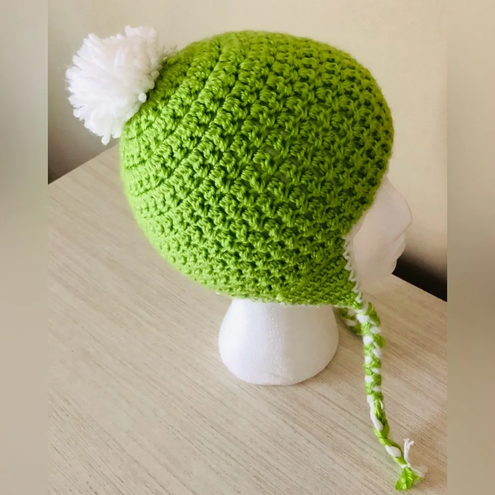 Handmade Green Crochet Earflap Hat with‎ White Pom-Pom Beanie Child Size